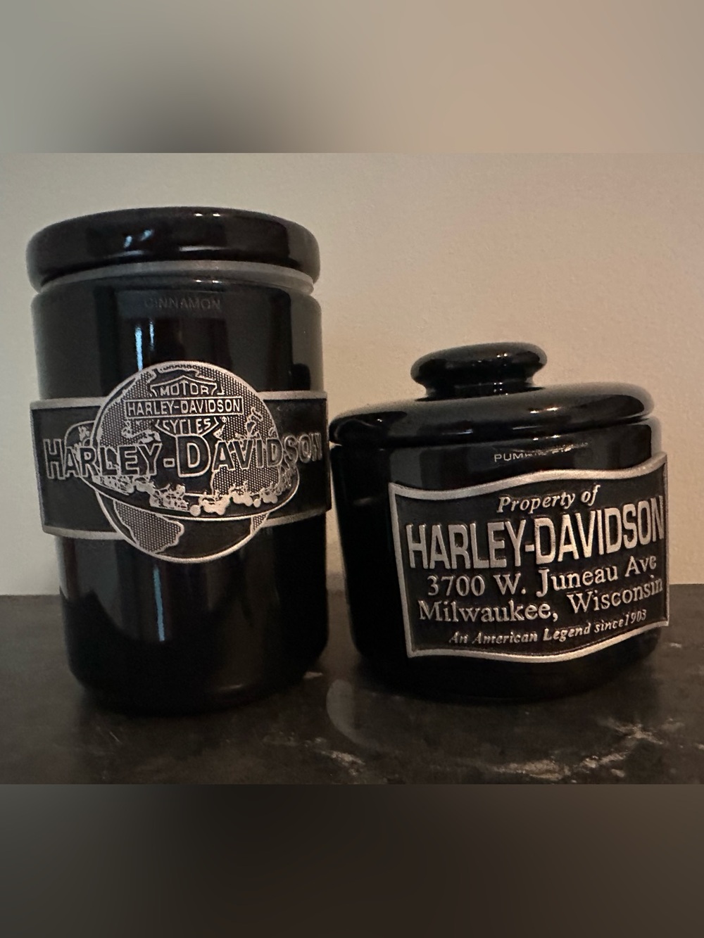 Harley Davidson ceramic jars (2) trinket sugar coffee candle vanity black silver